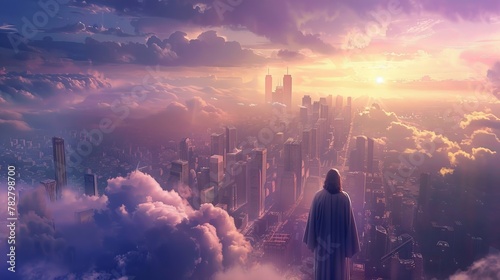 Man standing on cloud-covered city