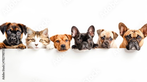 Group of dogs and cats behind white board