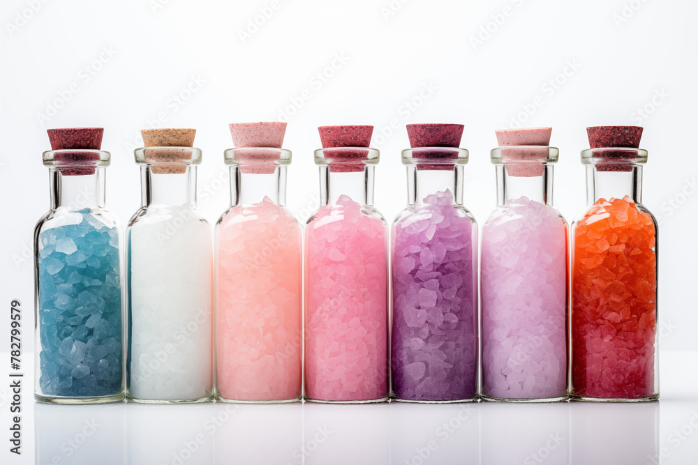 Bath salt in many colors in bottles, spa, bottles of sea salt Bath salt in many colors in bottles, spa, bottles of sea salt