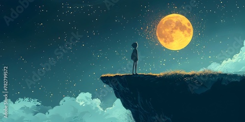 Silhouetted figure standing at the edge of a cliff gazing at the captivating moonlit sky filled with stars daring to dream big and embrace the photo