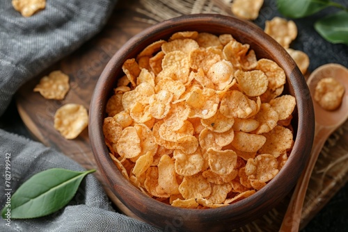 A bowl of crunchy bran flakes cereal on a dark wooden table. photo