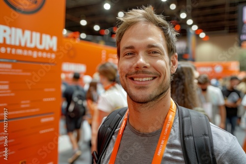 Wallpaper Mural A cheerful man at an event with an orange backdrop smiling at the camera. Torontodigital.ca