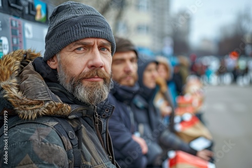 Portrait of a bearded man with a stern look, wearing a winter hat, with people queued in the background.
