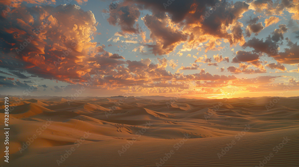 A desert landscape with a beautiful sunset in the background