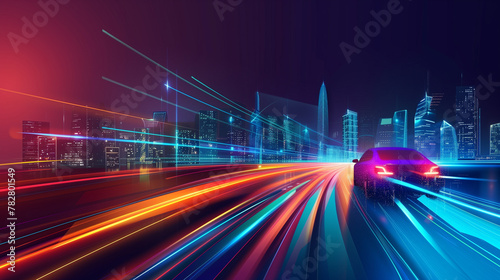 A car is driving down a road in a city at night. The city is lit up with neon lights, creating a vibrant and energetic atmosphere. The car is the main focus of the image, and it is moving quickly