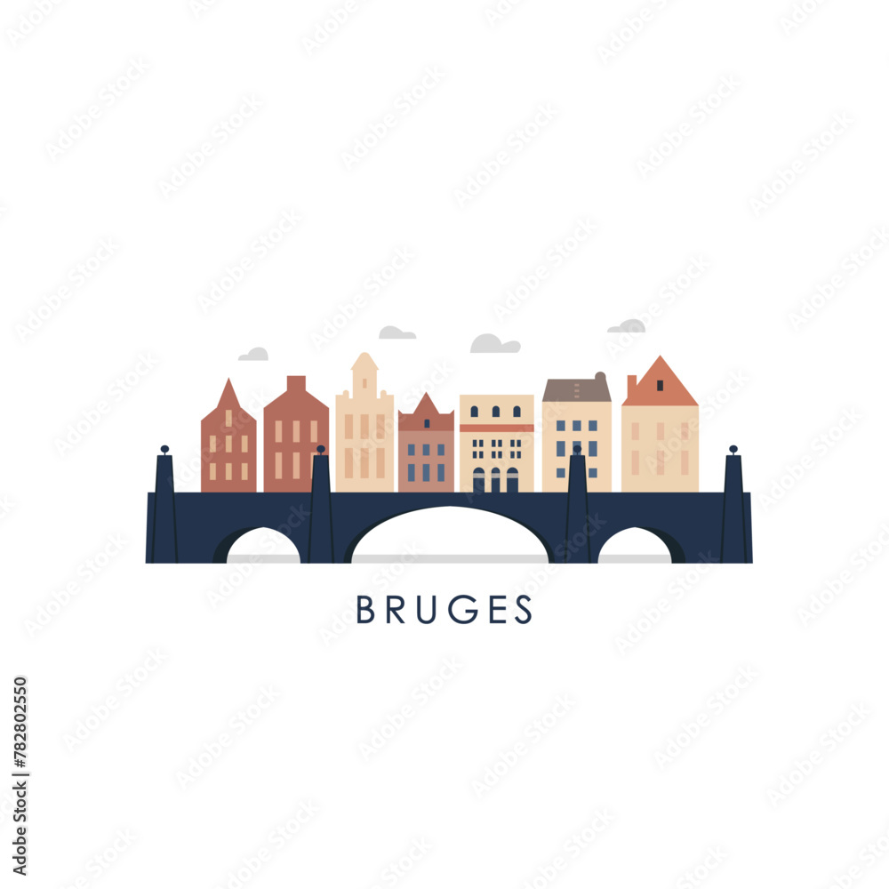 Bruges cityscape skyline city panorama vector flat modern logo icon. Belgium, Flanders town houses, bridge and building silhouettes. Isolated graphic