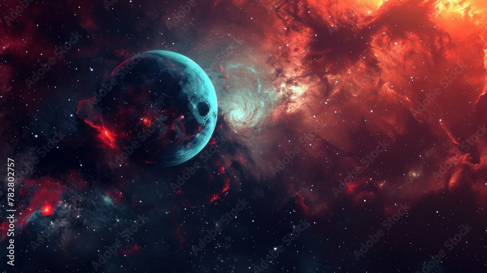 A captivating space scene featuring a blue planet against the backdrop of a swirling red nebula and starfield.