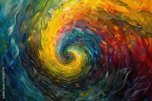Swirling vortexes of color spiral outward  drawing the viewer into a hypnotic journey through a realm of abstract wonder.