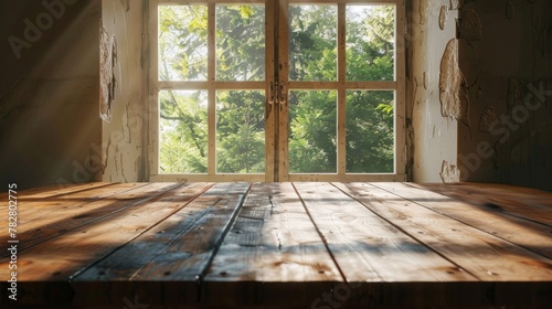 Sunlight filters through a forest scene visible from the window of a rustic, abandoned cabin.