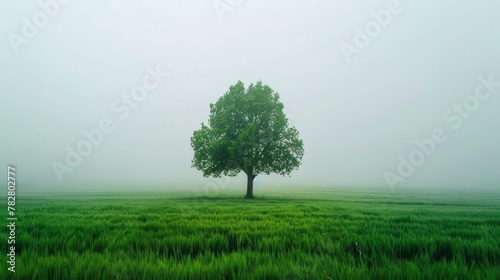 A lone tree stands in the calm of a misty green field, symbolizing solitude and peace.
