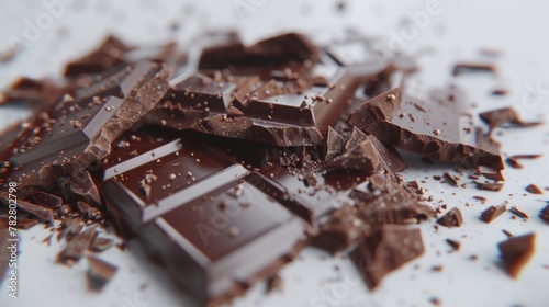 Macro shot of dark chocolate pieces shattered on a white surface, with cocoa powder and shards scattering.