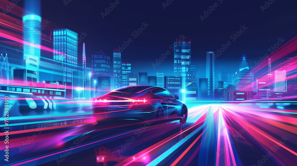 A car is driving down a road in a city at night. The city is lit up with neon lights, creating a vibrant and energetic atmosphere. The car is the main focus of the image, and it is moving quickly