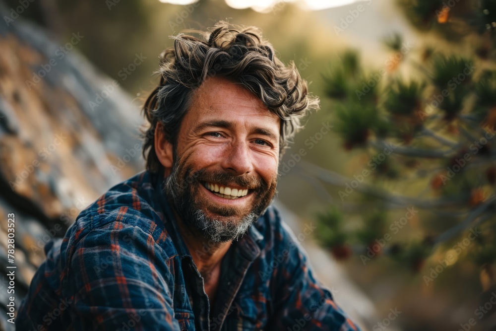 Portrait of a smiling man with a beard and mustache in the mountains Portrait of a smiling man with a beard and mustache in the mountains