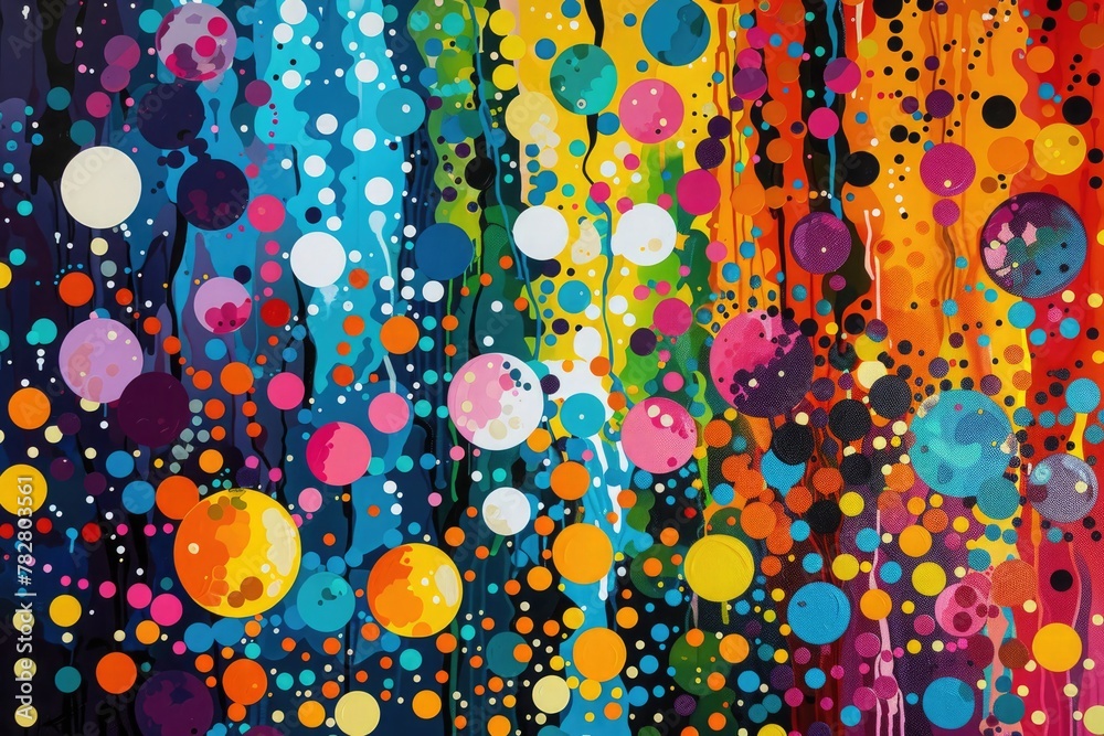 Playful dots and dashes dance across the canvas, creating a whimsical tableau of vibrant energy and movement.