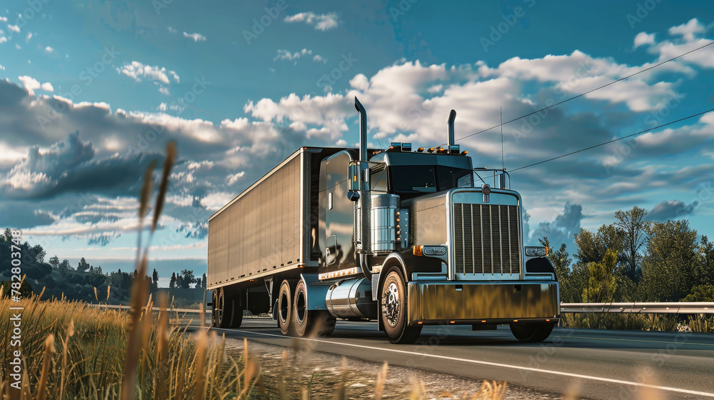 A cargo semi-truck is driving down a rural country road, surrounded by fields and trees A cargo semi-truck is driving down a rural country road, surrounded by fields and trees