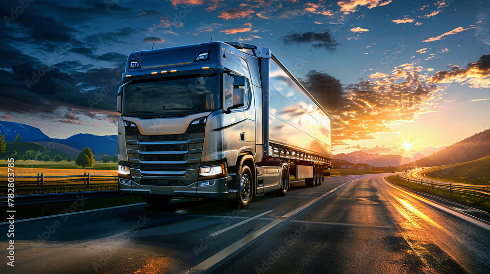 A semi truck with a cargo semi-trailer drives down a road during sunset, casting a long shadow on the pavement