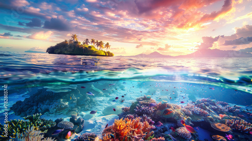 A shot underwater showcasing a vibrant coral reef with an island visible in the distance