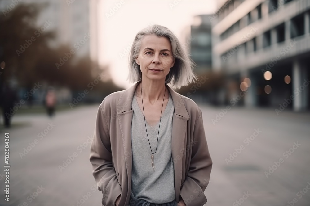Fototapeta premium A woman wearing a brown coat and gray shirt stands on a sidewalk