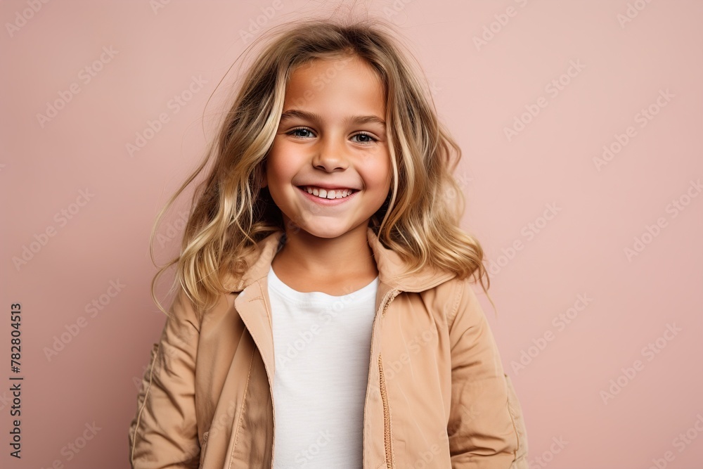 A young girl with blonde hair is smiling and wearing a tan jacket A young girl with blonde hair is smiling and wearing a tan jacket