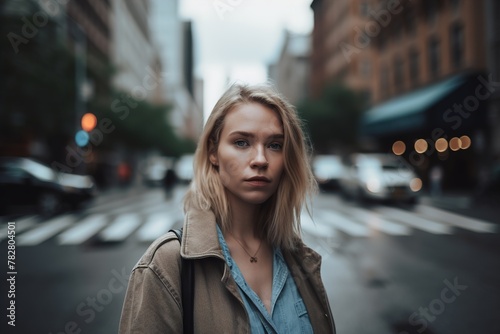 A woman is standing on a city street, wearing a brown coat and blue shirt