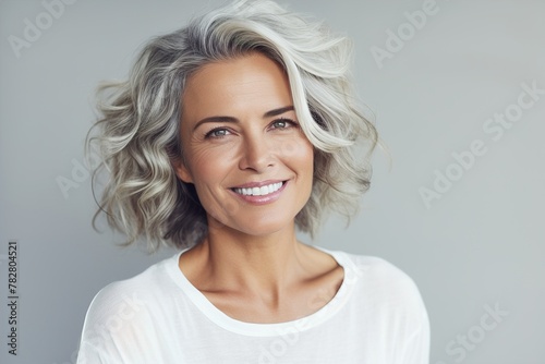 A woman with short gray hair and a white shirt is smiling