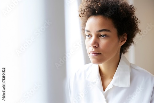 A woman with curly hair is looking out the window