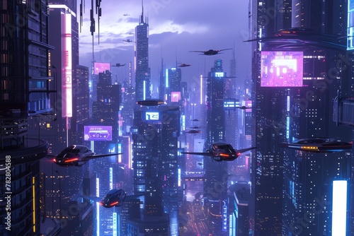 Futuristic city glows with soft hues, complemented by the sleek design of hovering vehicles above the vibrant skyline. Resplendent. © Summit Art Creations