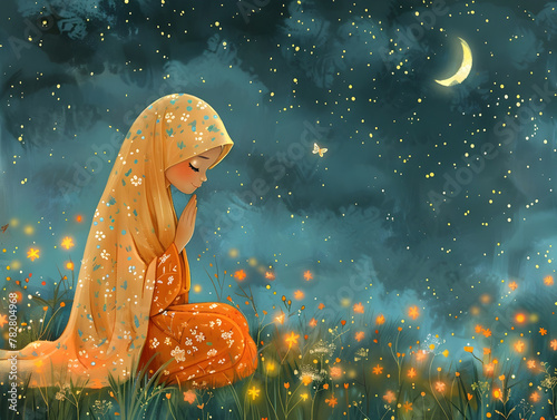 Serene Muslim Woman Praying Beneath the Starry Night Sky Amid Glowing Fireflies and Crescent Moon