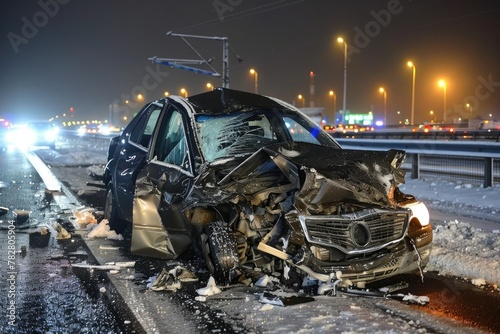 Car accident scene on the highway, car hit hard