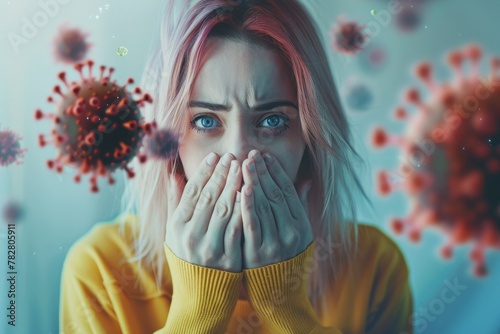 Woman covers her mouth and nose with her hands, germs and bacterial cells are floating in the air around her, bacterial cells close-up, fungal cells close-up, cells floating in the air