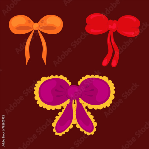 Set of ribbon bows. Bows for design. Bow for decoration, for gift wrapping. Vector illustration on dark background