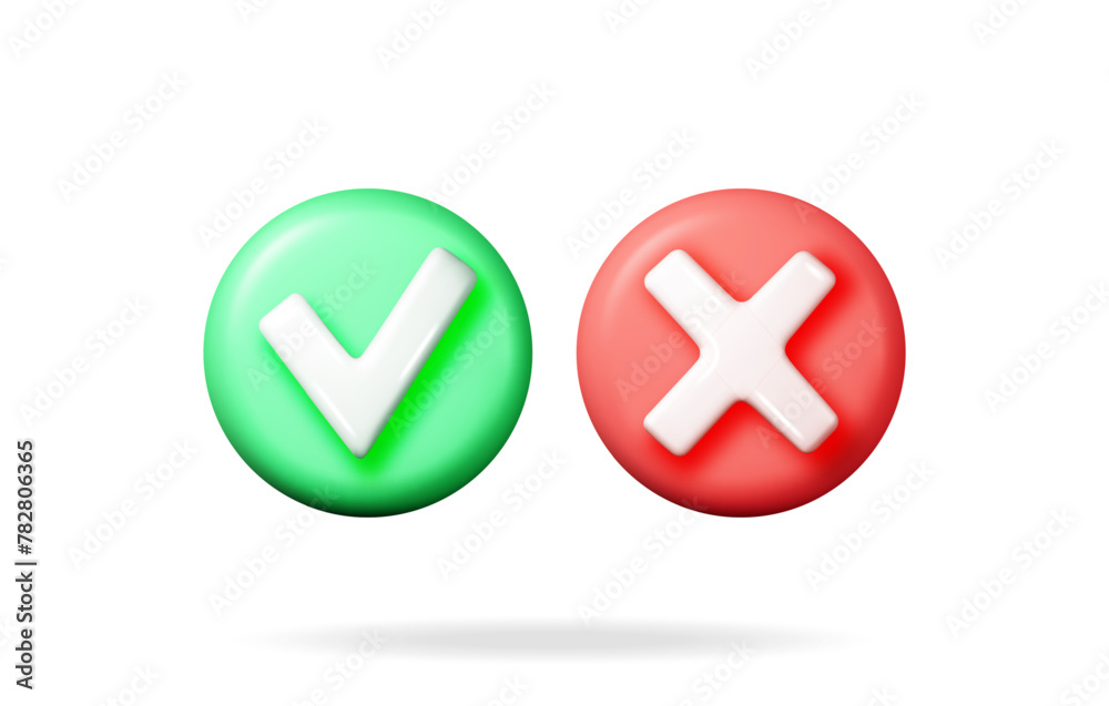 3D right and wrong button shape. Green Yes and red no correct incorrect sign. Checkmark tick Rejection, cancel, error, stop, negative, agreement approval or trust symbol. Vector illustration 3D right and wrong button shape. Green Yes and red no correct incorrect sign. Checkmark tick Rejection, cancel, error, stop, negative, agreement approval or trust symbol. Vector illustration