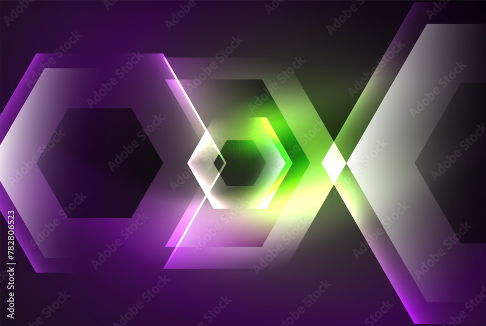 Obraz premium Arrow hexagon neon light glowing shapes background. Vector illustration For Wallpaper, Banner, Background, Card, Book Illustration, landing page