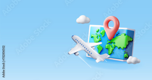 3D airplane in clouds and paper map. Render world travelling by plane. World map with location pin. Time to travel concept, holiday planning. Tourist worldwide transportation. Vector illustration