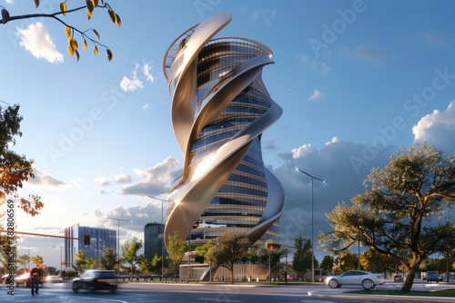 An office tower with a unique, twisted form, creating a visually dynamic silhouette. photo