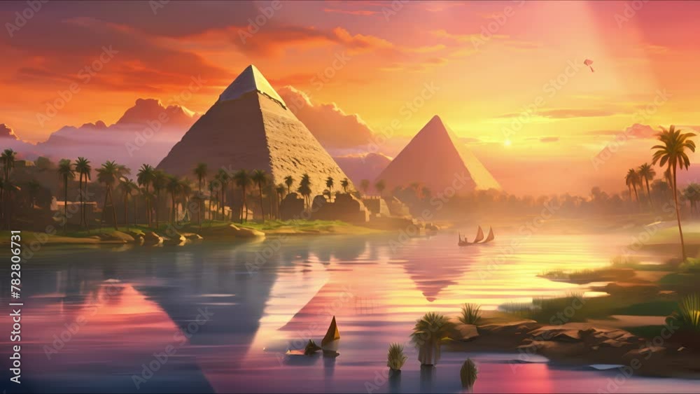 Landscape with ancient Egyptian pyramids, beautiful sky and sunset. The concept of ancient history. AI-generated.
