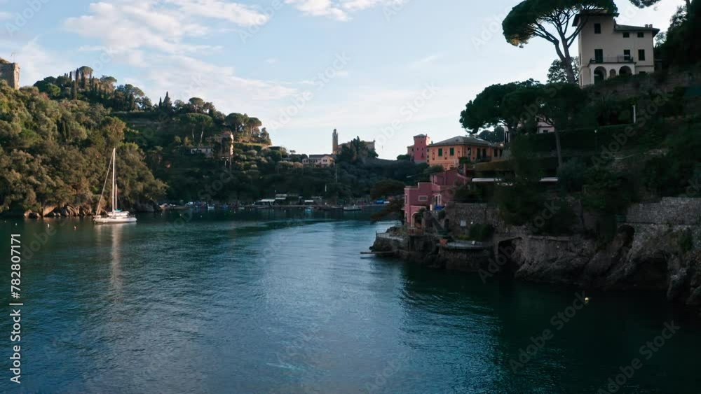Quaint Portofino seaside village basking in sunset light, Liguarian Coast. Drone Quaint Portofino seaside village basking in sunset light, Liguarian Coast. Drone