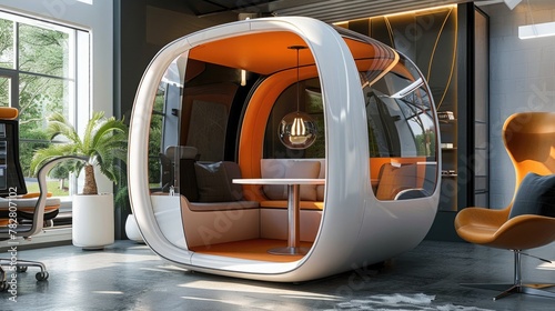 An office meeting pod with a futuristic design, high-tech features, and a cozy interior.
