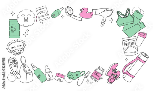 美容家電やヨガウェア、サプリメントなどのスキンケアのベクターフレーム素材 Vector frame illustration of skin care.