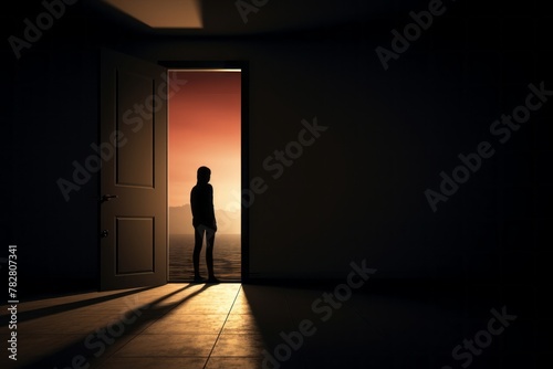 A person's silhouette against a closed door