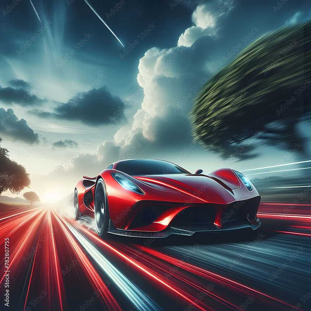 Obraz premium High-Speed Harmony: A Red Sports Car Merging Speed with Nature