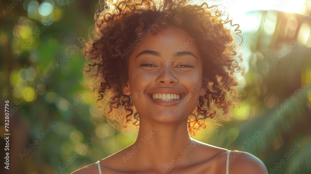 Young woman with curly hair laughing while standing outside in a park on a sunny summer afternoon. Young woman with curly hair laughing while standing outside in a park on a sunny summer afternoon.