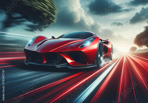 The Speed of Serenity: A Red Sports Car Racing Through a Peaceful Countryside