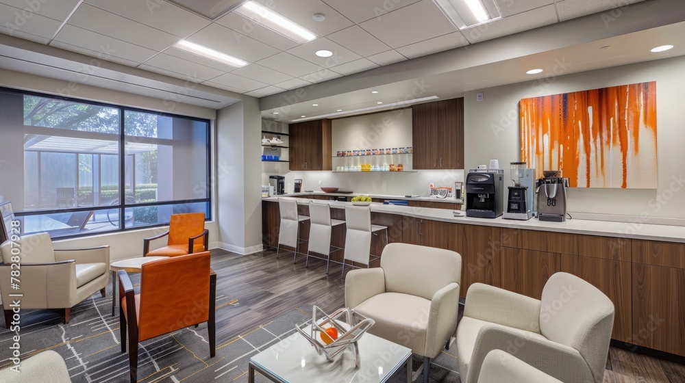 An office break room with a coffee bar, lounge seating, and a relaxing ambiance.