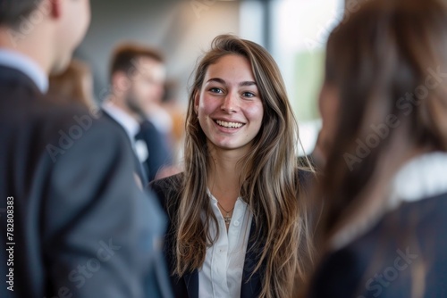 portrait of a woman, businesswoman, dressed in professional attire and smiling and talking to someone off camera at the business event
