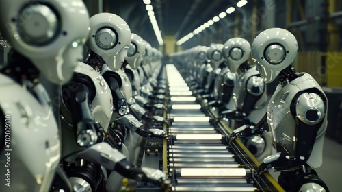 A number of humanoid robots humanoids are ready for work a conveyor belt Artificial intelligence 