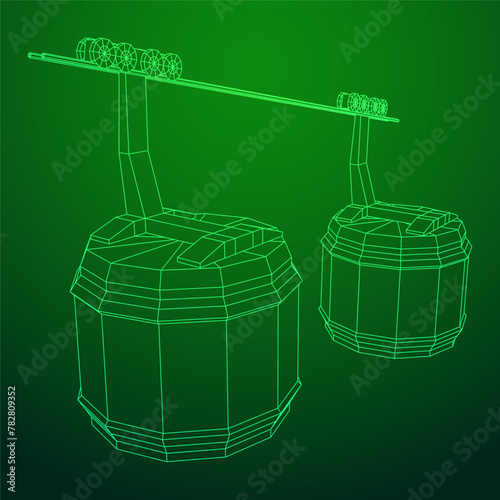 Cable car cabin gondola. Funicular simple cableway concept. Wireframe low poly mesh vector illustration
