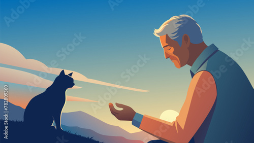 A wrinkled hand gently strokes the soft fur of a cat while its elderly owner gazes out at the setting sun a content smile on their face. © Justlight