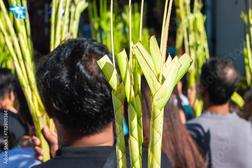 Εκτύπωση καμβά People congregate outside the church with palm fronds to celebrate Palm Sunday