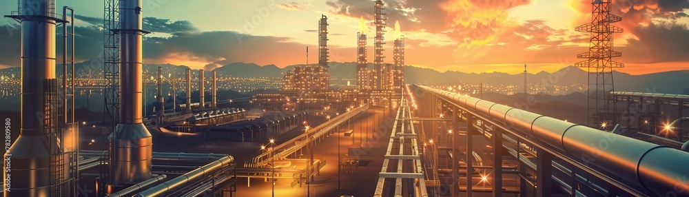 A futuristic cityscape with pipelines transporting crude oil to refineries, showcasing the process of turning it into chemicals - obrazy, fototapety, plakaty 